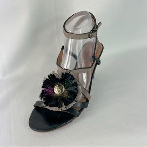 Bacio 61  Anthropologie Black Tan Feather trim Ankle Strap Tombolo Sandals 8.5